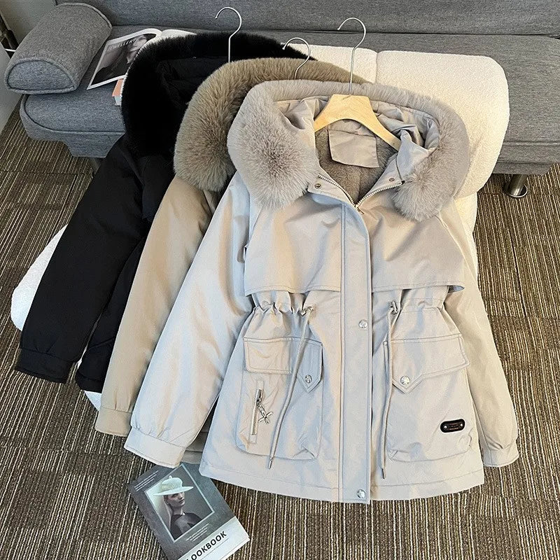 Women Big Fur collar Loose Parka Jacket Lady Medium Long Styles Down Cotton Outwear Winter Female Hooded Cotton Padded Coat