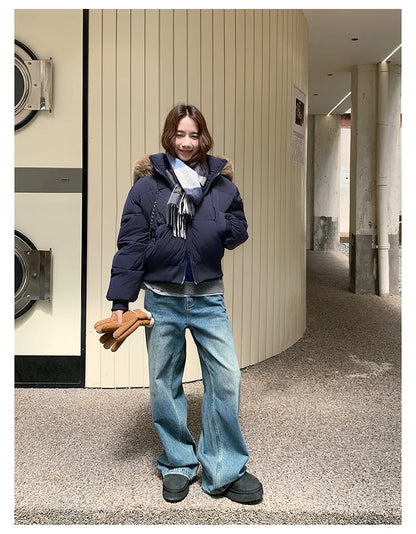 Casual Warm Fur Hooded Cropped Parkas Chic Streetwear Korean Style Down Cotton Coat Thicken Short Women's Winter 2025 Jacket