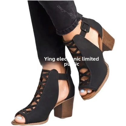 Wish2025 Summer New Roman Fish Mouth Hollow out Large Size 43 Buckle Sandals Thick Heel High Heel Independent Station Shoes