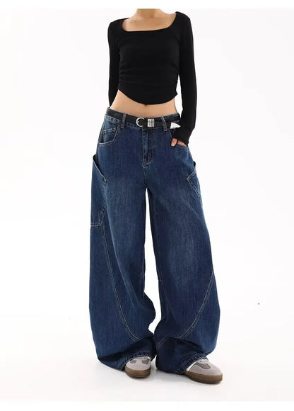 American Retro Knife Pocket Wide Leg Jeans Women's Spring Autumn Style Hot Girl High Street Design Loose Floor-Length Pants