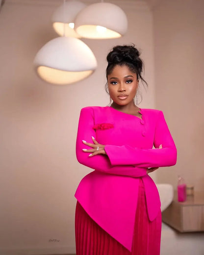 2025 Long Plus Size Peplum Pleated Women Formal Gown With Sleeves Draped Buttons Evening Dreess Elegant Fuchsia Prom Dresses