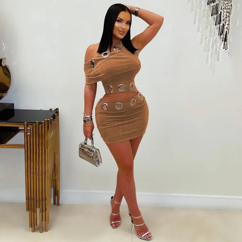 Sexy Night Club Party Birthday Outfit Woman 2 Piece Sets Fall Winter 2025 Metal Ring Hollow Out Crop Top and Mini Skirt Set