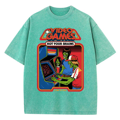 Video Games Rot Your Brains Washed Retro Mens T-Shirt Cotton Loose Tees Cotton Oversize Streetwear Breathable Tshirt Couple