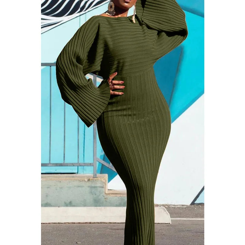 Knitted Dress Women Fashion O Neck Long Sleeve Bodycon Midi Dresses Female Elegant Loose Dresses