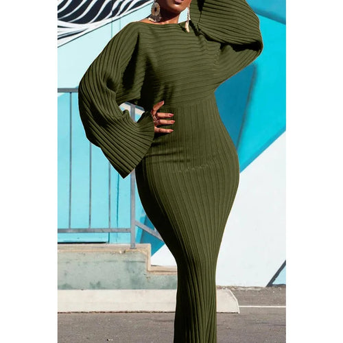 Knitted Dress Women Fashion O Neck Long Sleeve Bodycon Midi Dresses Female Elegant Loose Dresses
