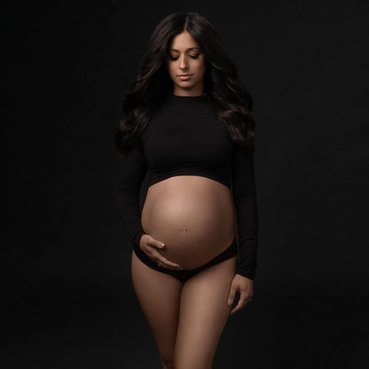 Maternity Long Sleeve T Shirts Womens Mock Neck Seamless Slim crop Tops For Pregnant photo shoot