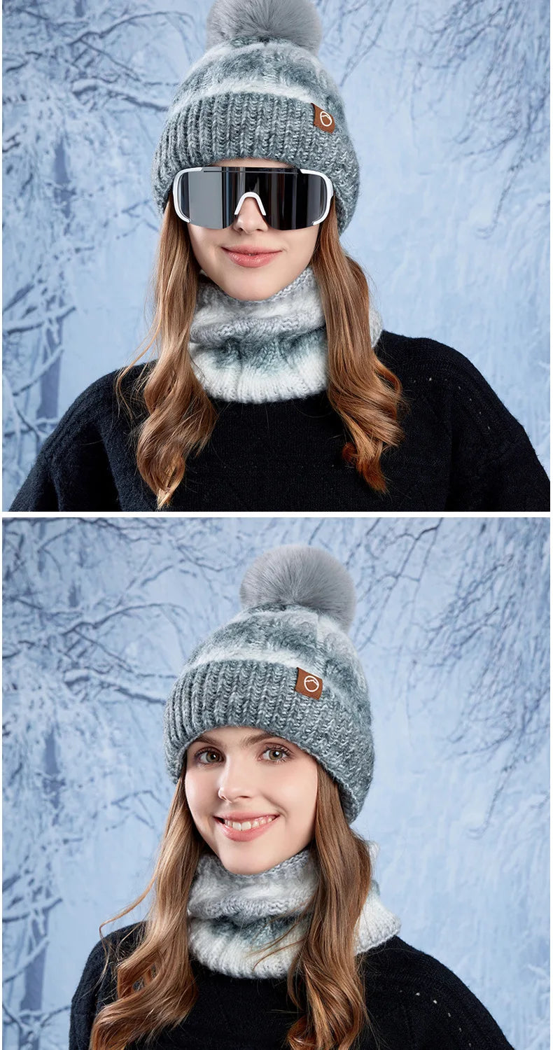 Winter Lady Warm Hat Scarf Two-piece Set Fleece Thickened Gradual Change Color Knitted Skiing Hat Fashion Pullover Hat for Women
