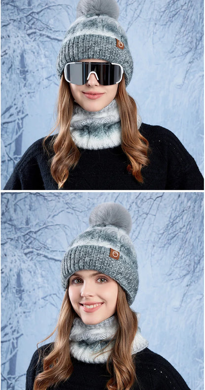 Winter Lady Warm Hat Scarf Two-piece Set Fleece Thickened Gradual Change Color Knitted Skiing Hat Fashion Pullover Hat for Women