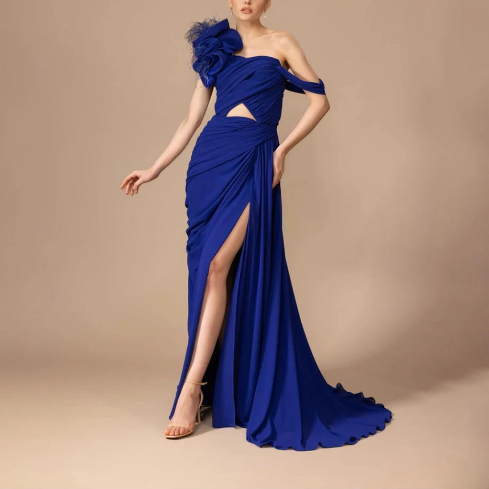 Elegant Wedding Guest Dresses for Women Blue Chiffon Mermaid Evening Dress Pleated Off The Shoulder Sexy Party Gowns Customized