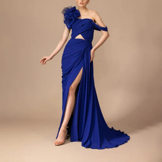 Elegant Wedding Guest Dresses for Women Blue Chiffon Mermaid Evening Dress Pleated Off The Shoulder Sexy Party Gowns Customized