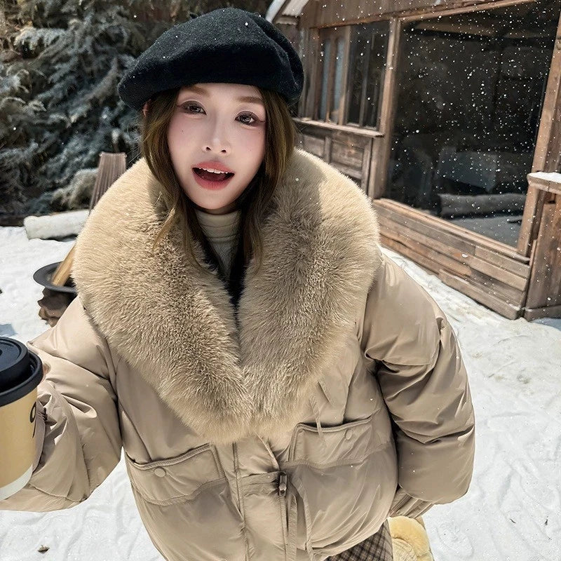 Fashion Winter Jacket Women New Korean Big Fur Collar Thick Down Cotton Jacket Parkas Female Short Coat Slim Warm Outerwear