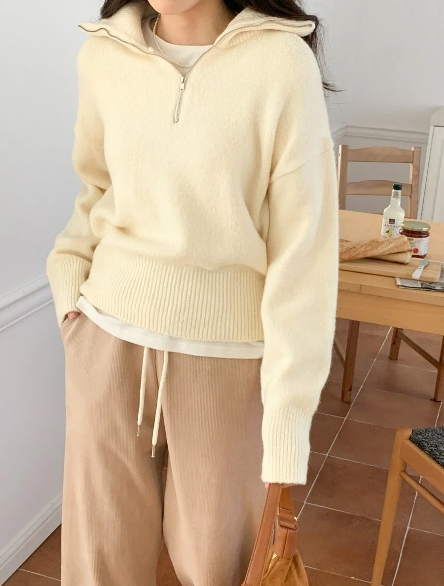 Women's Casual Loose Knitted Sweater Autumn Winter Chic Design Versatile f Zipper Stand Collar  Color Top