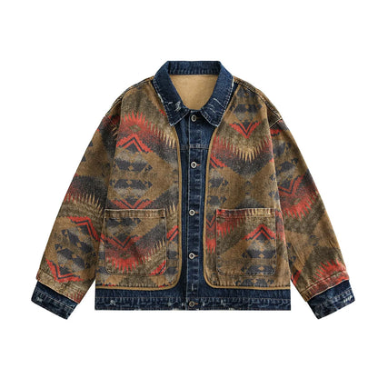 MWJLPWQ Trendy Jacquard Design Male Denim Jacket American Street Style Lapel Personalized Washed Tops 2025 Autumn New 20993