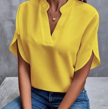 1pcs Woman New Summer Solid Color Shirts Lady Casual Short Sleeve V-neck Collar Loose Shirts Female Fashion Pullover Tops