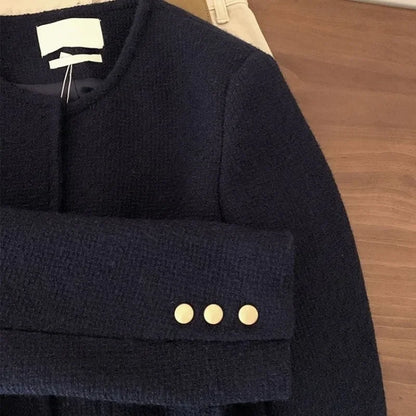 Vintage Style Purplish Blue Tweed Jacket Round Neck French Elegance Commuting Spring Autumn Trendy Fashion Outerwear