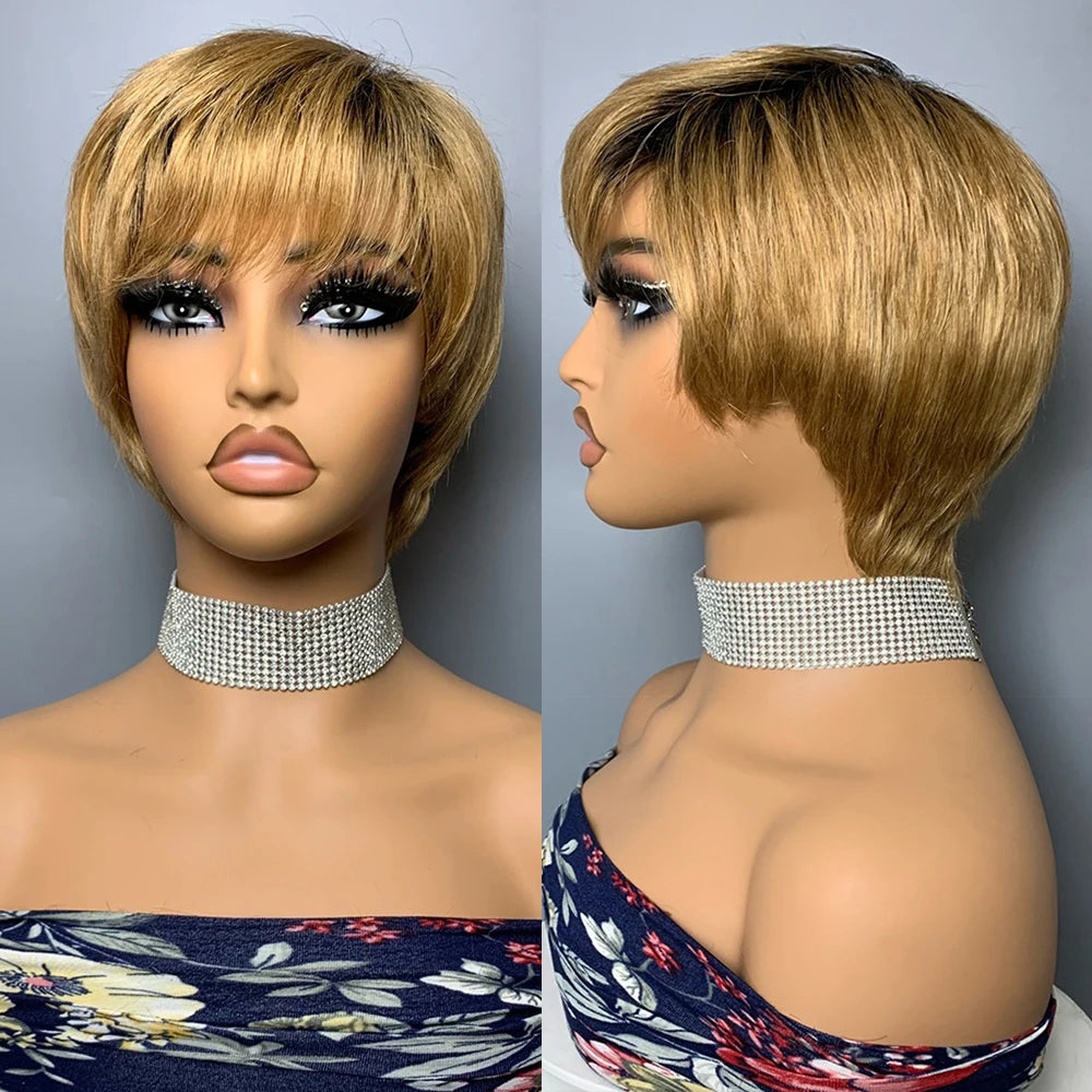 Short Pixie Cut Human Hair Wigs Brazilian Human Hair Wigs Full Machine Made Short Straight Wigs For Women T2/27B# None Lace Wigs
