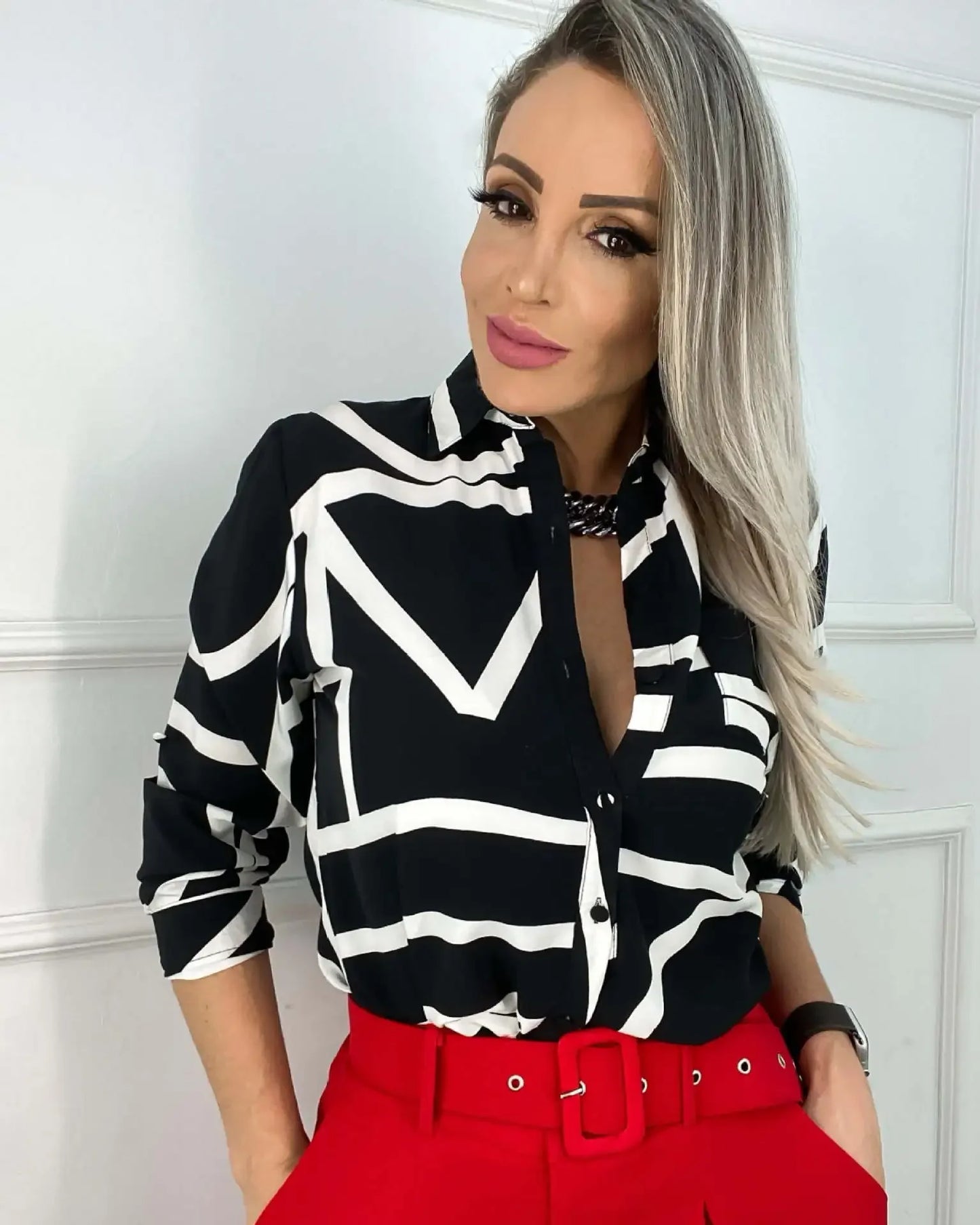 Women Geometric Print Shirt, Spring and Autumn Fashion Long-sleeved Shirts, Camisa Girls Chemise Size S M L XL XXL