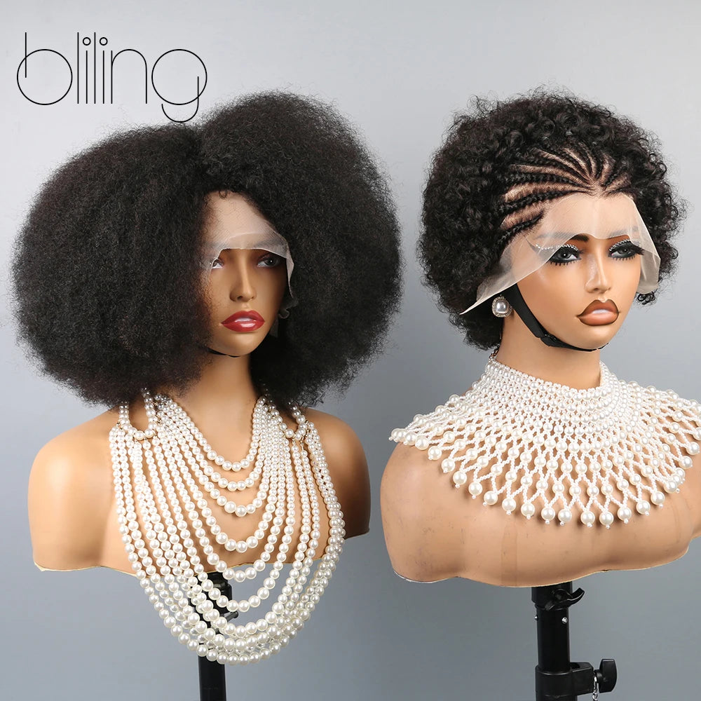 Afro Kinkycurly Wig Human Hair, 13x4 Lace Front Glueless Bob Wigs, 180 Density Pre Plucked Transparent Lace Frontal Wig