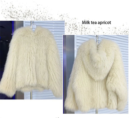 Fox Fur Coat Women's Winter Fashion Warm 100% Fox Fur Coat Hooded Long Sleeved Sweet Women's Luxury Designer Coat