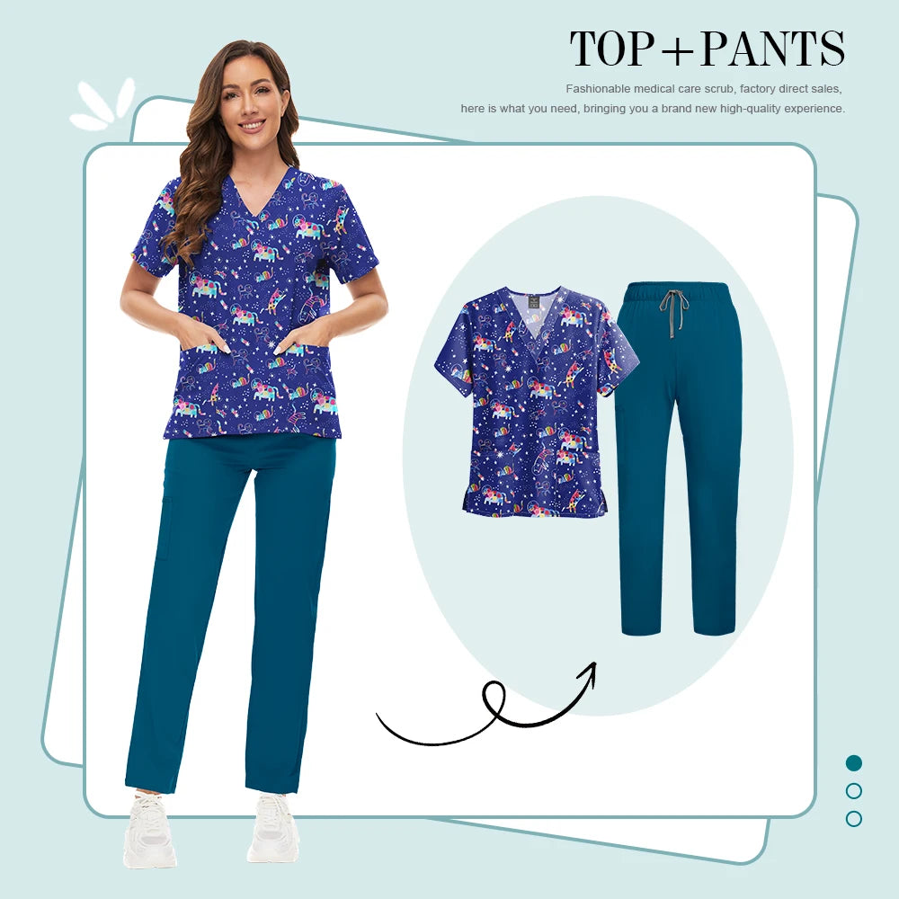 Scrubs Uniforms Sets High-quality Medical Scrub Multicolor Animal Printed Women Scrub Tops Medical Scrubs Uniform Nurse Lab Wear