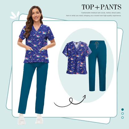 Scrubs Uniforms Sets High-quality Medical Scrub Multicolor Animal Printed Women Scrub Tops Medical Scrubs Uniform Nurse Lab Wear