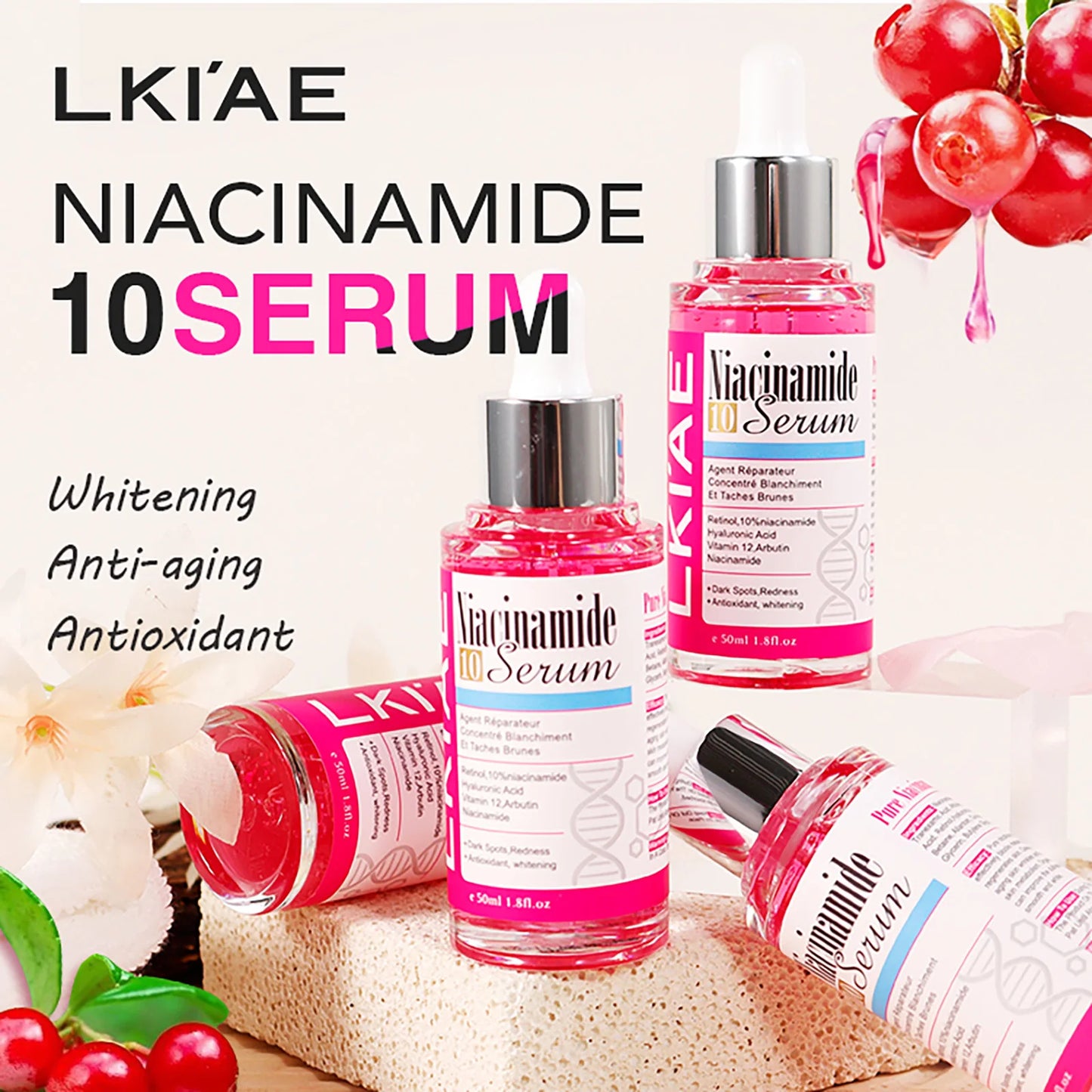 LKIAE Nicotinamide Whitening Essence, Anti-Aging, Reduce Freckles, With Hyaluronic Acid, Moisturizing Serum For Face And Body