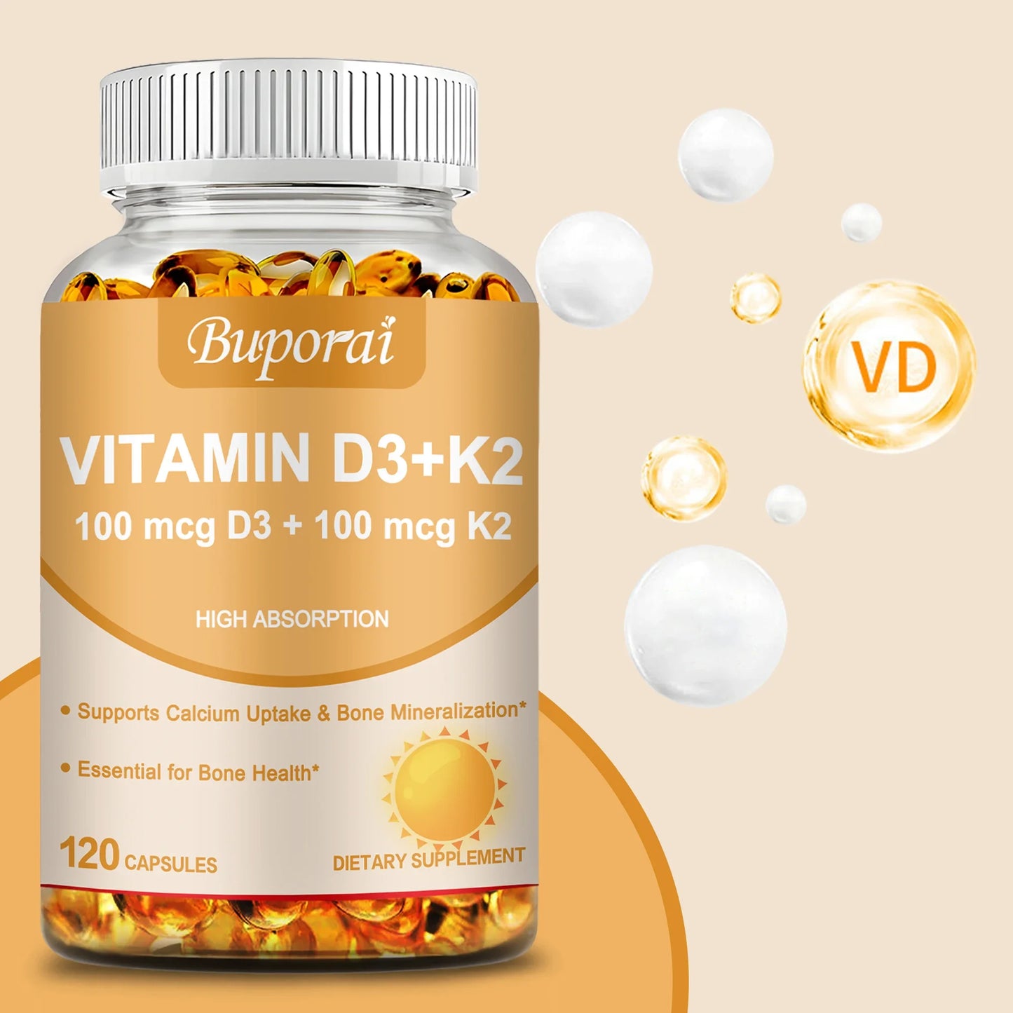 Vitamin D3 + K2 - Promote Calcium Absorption for Strong Bone, Joint, Skin, Immune, Vision and Heart Health - 120 Capsules