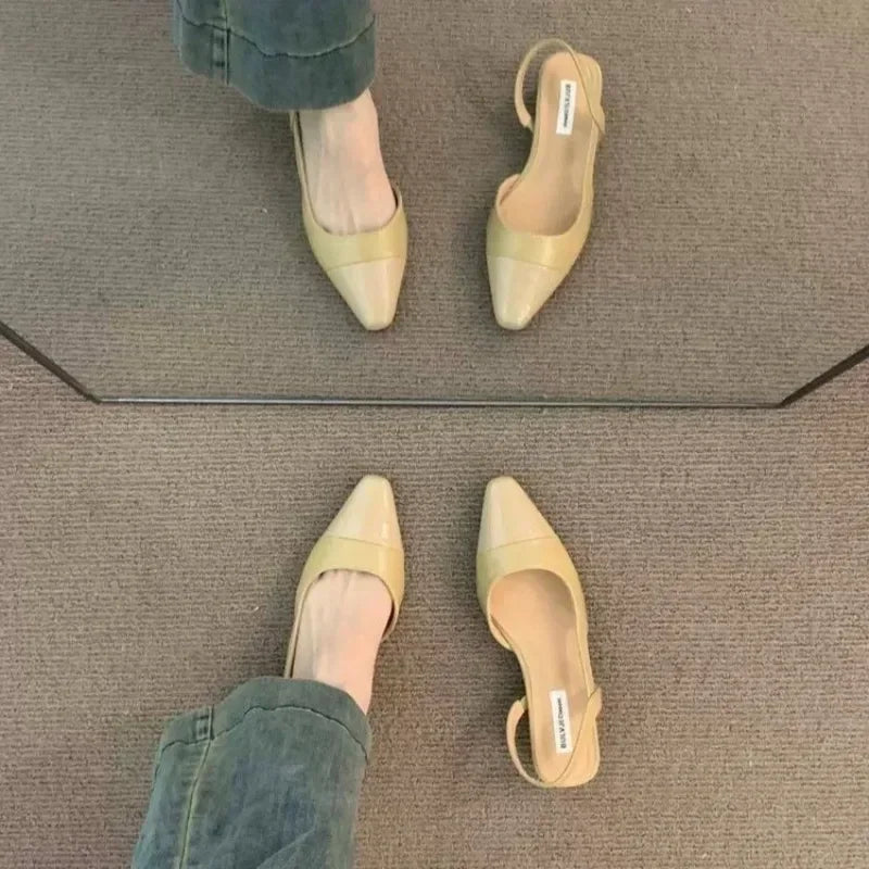 24Low Heel Baotou Sandals Women's French Nude Color Pointed Small Fragrant Style Ladies Thick Heels Back Air Style Single Shoes