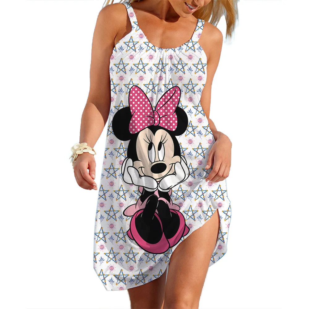 2025 Disney Minnie Dresses for Women Soft Women's Beach Dresses Summer Fashion Sling Print Sexy Skinny Seaside Casual Oversize