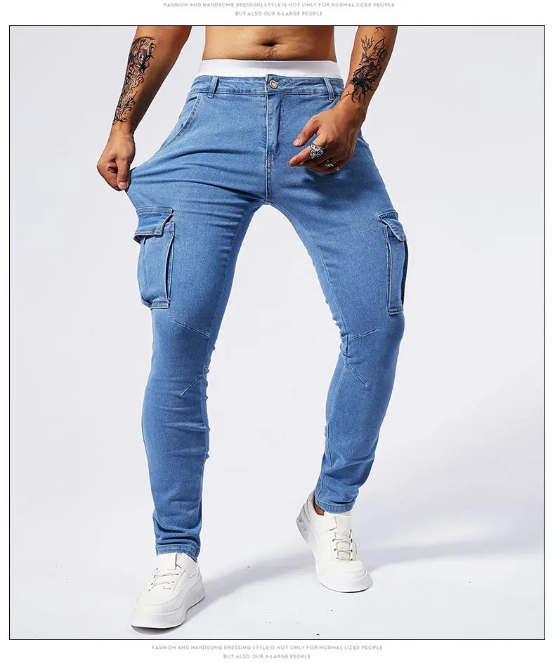 Street Elastic Jeans Men Denim Cargo Pants Wash Solid Color Multi Pockets Casual Mid Waist Trousers Slim Fit Daily Wear Joggers