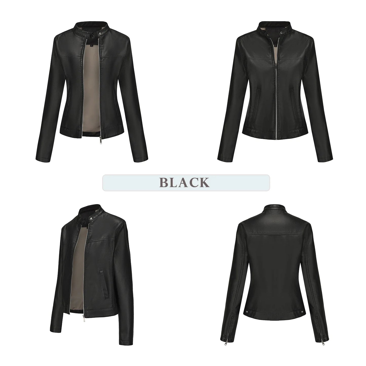 Black Women's Fitted Leather Jacket with Front Zipper & Side Pockets‌, Available in Brown, Navy Blue, and Beige.