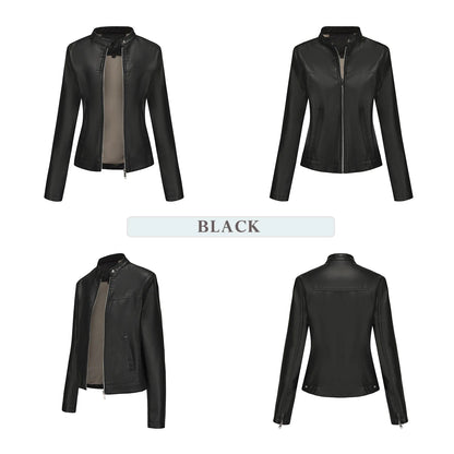 Black Women's Fitted Leather Jacket with Front Zipper & Side Pockets‌, Available in Brown, Navy Blue, and Beige.