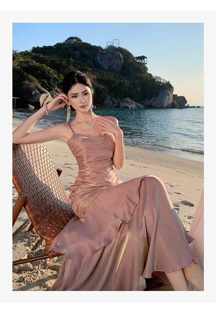 Sexy Solid Spaghetti Strap Sleeveless Evening Dresses Elegant Ruffles Party Long Dress For Women Summer Slim Beach New Vestidos