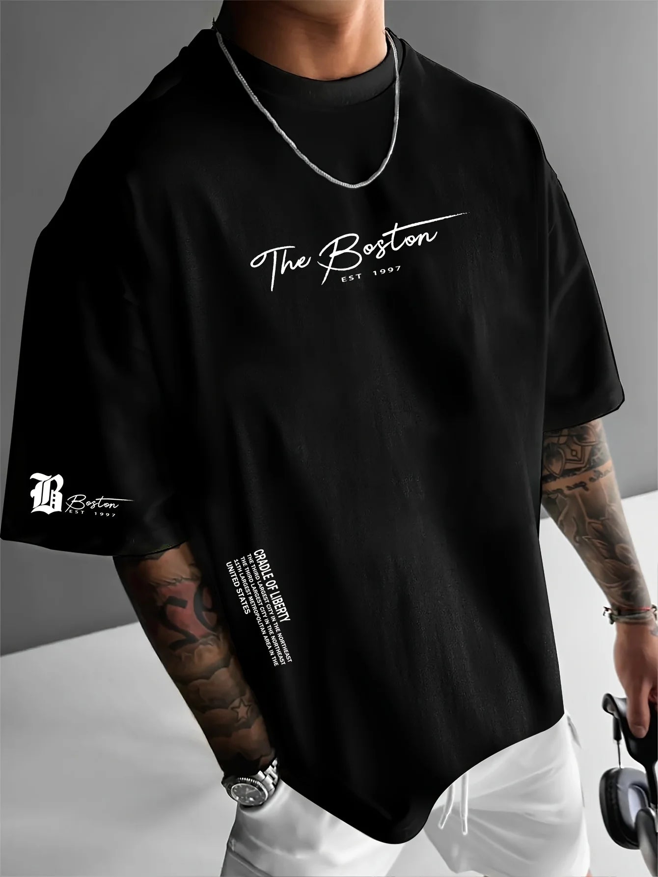 Men's summer 100 cotton fashionable casual sports loose Boston city slogan printed round neck short sleeved T-shirt top