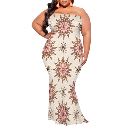 Plus Size Strapless Maxi Dress with Stylish Gold Geometric Design, Modern and Trendy