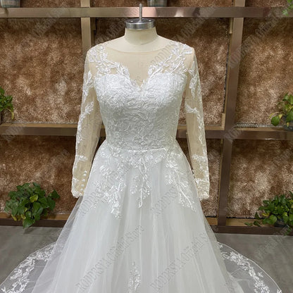 RODDRSYA Elegant O-Neck Wedding Dress Lace Up A-Line Applique Tulle Long Sleeves Beach Bride Gowns vestidos de novia Customized