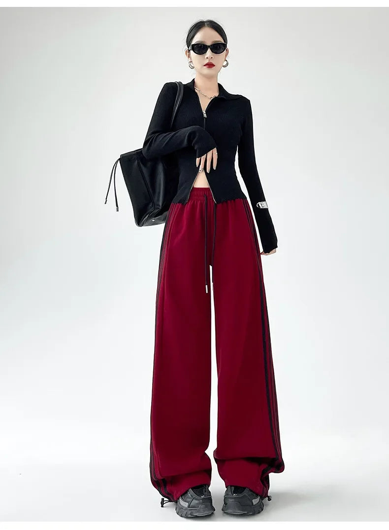 Black Striped Sports Pants Women's Spring Autumn Wide Leg Casual Loose High Waist Straight Leg Sweatpants