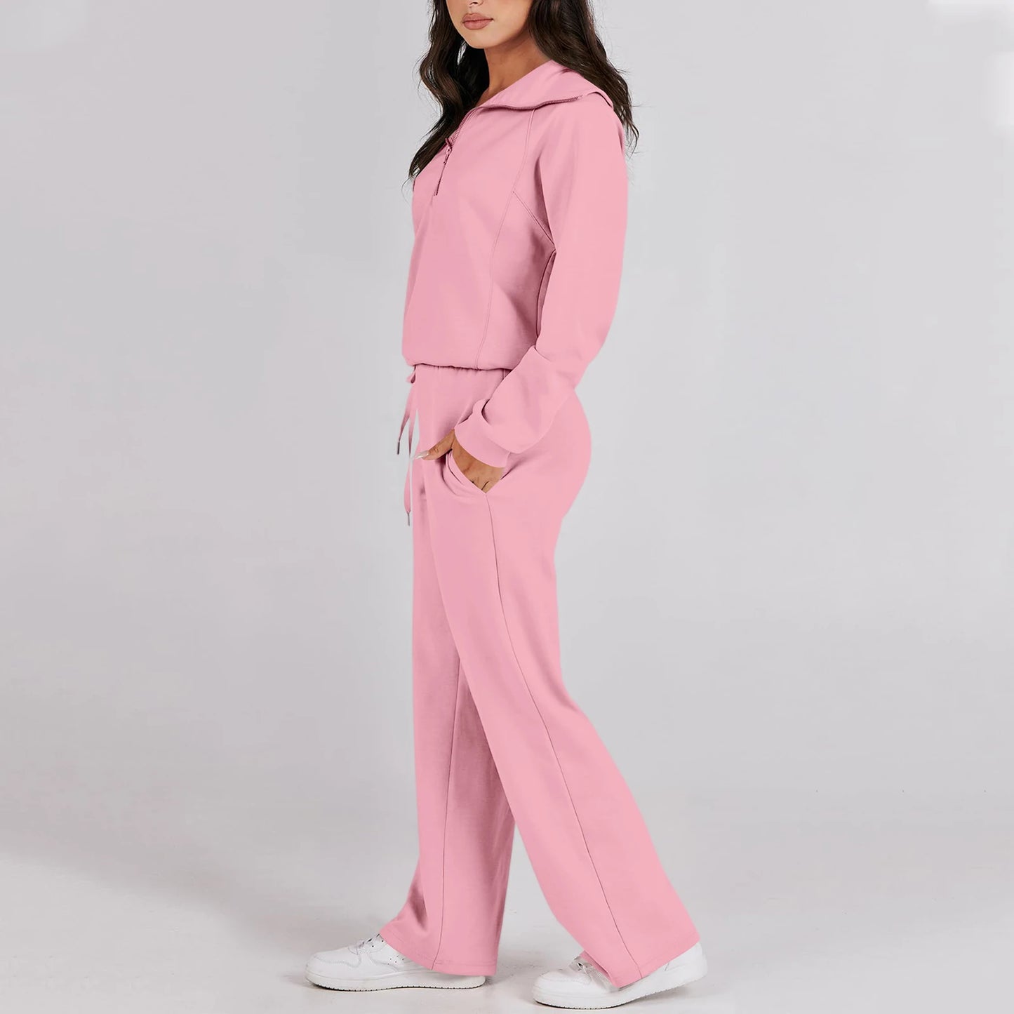 Solid Two-piece set Women Fashion Long Sleeve Zipper Sweater Pullover Tie up Pocket Wide Leg Pant Suit Loose Casual Sport Sets