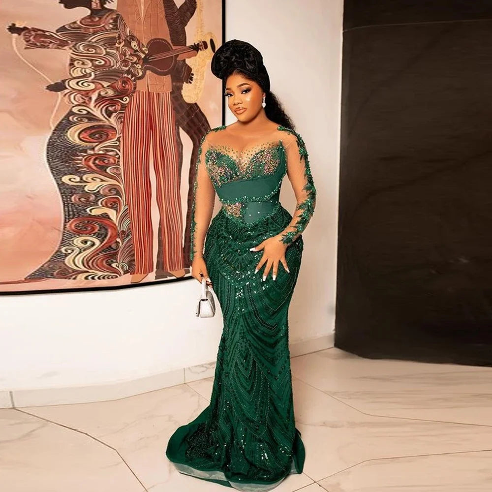 Sheer Neck Long Sleeves Mermaid Evening Gowns African Women So Ebi Party Dress Formal Wear Dark Green Sparkly Lace Prom Dresses