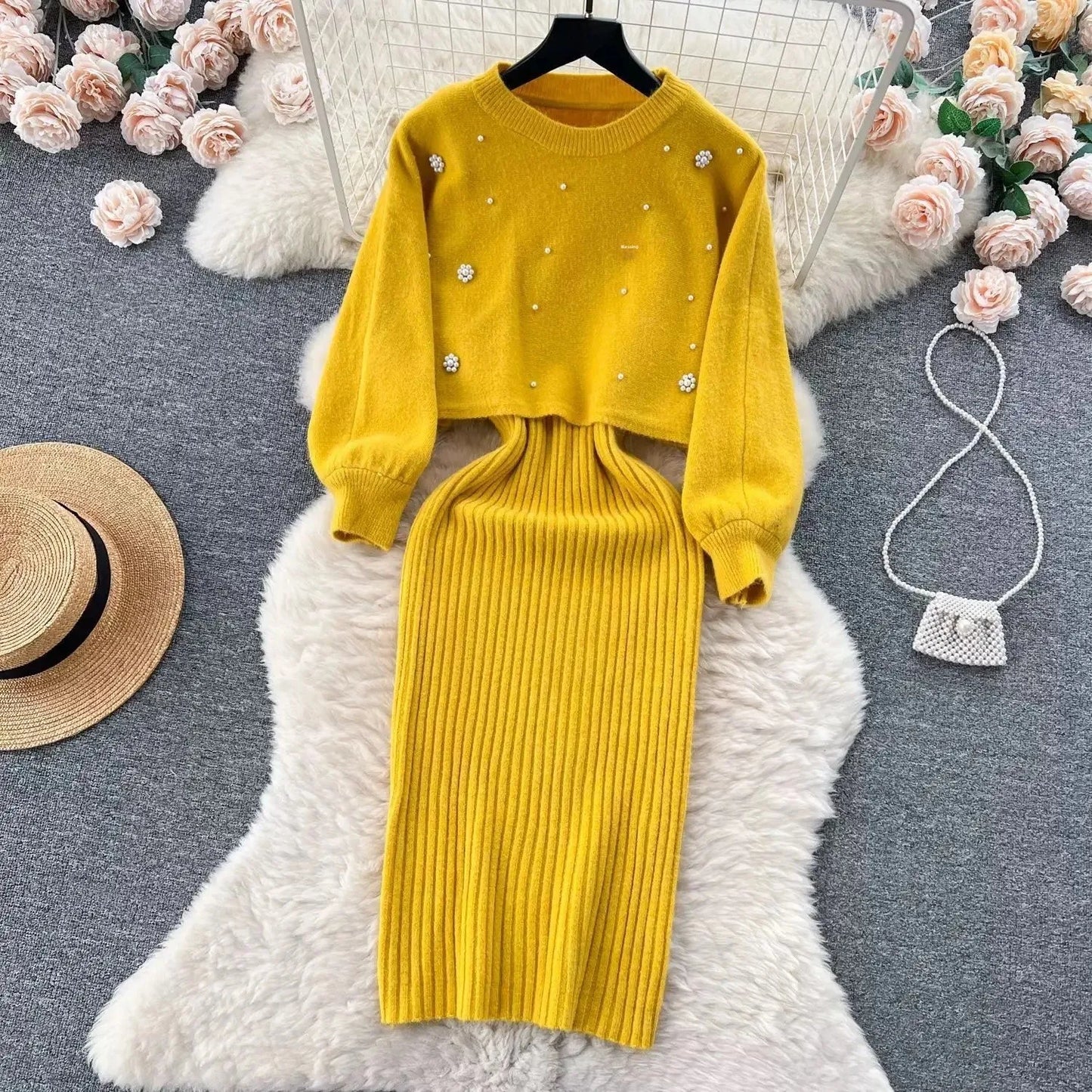 Autumn Winter Slimming Knitted Sweater Dress Set Women's Mid-Length Base Layer Knee-Over Bottoming Dresses Fashionable