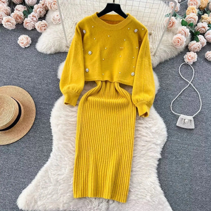 Autumn Winter Slimming Knitted Sweater Dress Set Women's Mid-Length Base Layer Knee-Over Bottoming Dresses Fashionable