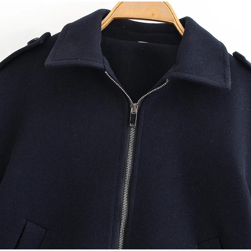 Woolen Zipper Loose Short Jacket Women Long Sleeve Lapel Solid 2025 Autumn Winter Commute Coat Street Office Warm Ladies Outwear