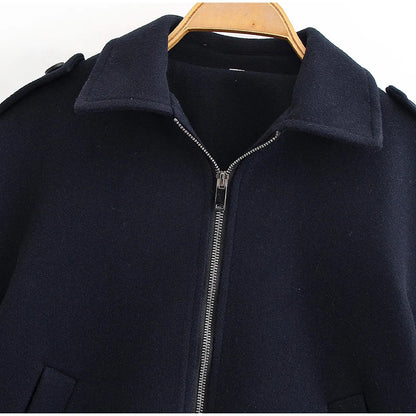 Woolen Zipper Loose Short Jacket Women Long Sleeve Lapel Solid 2025 Autumn Winter Commute Coat Street Office Warm Ladies Outwear