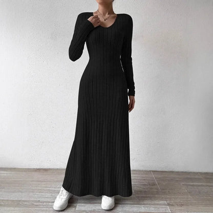 Fashionable Knitted Long Sleeve A- Line Streetwear Dress For Women Smooths And Slims Your Silhouette Solid Color Long Dress