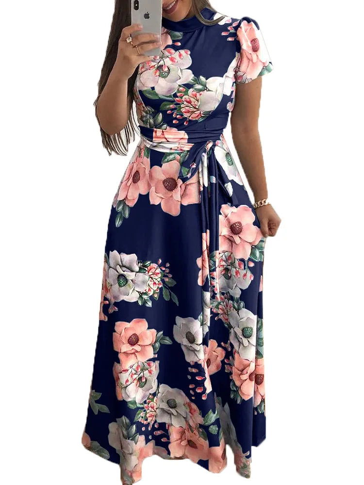 Women's Slim Dresses Casual Long Sleeve Round Neck Flower Printed Dress Strap Floor-Length Long Skirt Women's Clothing