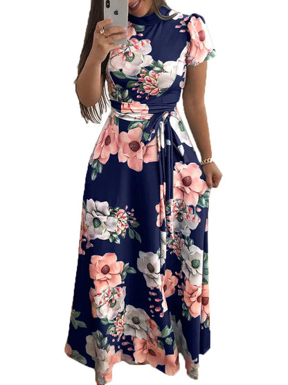 Women's Slim Dresses Casual Long Sleeve Round Neck Flower Printed Dress Strap Floor-Length Long Skirt Women's Clothing