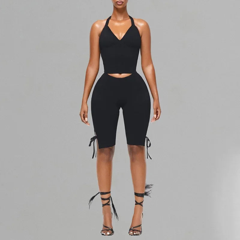 Women Solid Sexy 2 Piece Set Summer Tracksuits Lace Up Halter Backless Tank Crop Tops + Skinny Knee Length Pants Fitness Suits