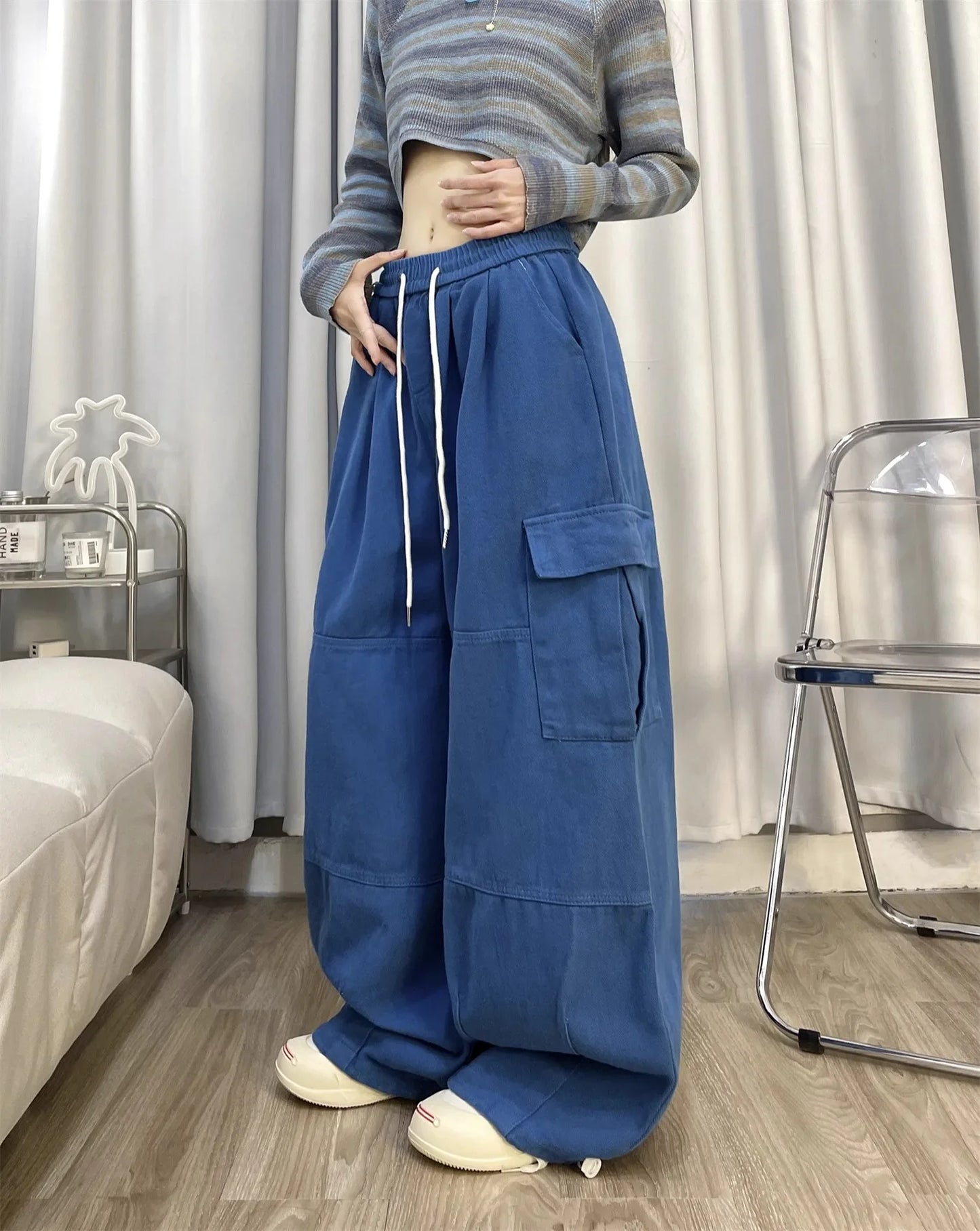 Deep Blue Pure Cotton Work Trousers Loose Wide Leg Floor-Length Women's Style Spring Summer Casual Pants Trendy Fashion