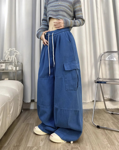 Deep Blue Pure Cotton Work Trousers Loose Wide Leg Floor-Length Women's Style Spring Summer Casual Pants Trendy Fashion