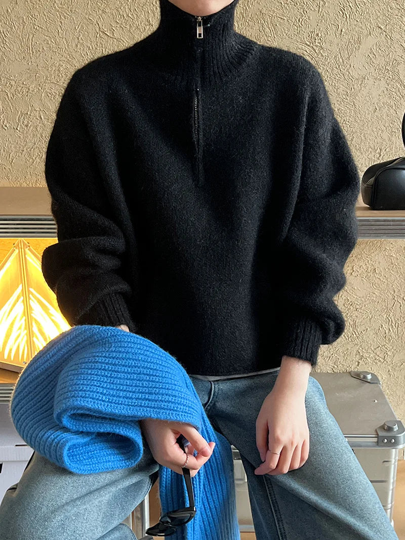 2026 Women Turn Down Collar Sweater Long Sleeve Zipper Design Warm Cardigans Clothes Tops For Women Winter Sweater Pull Femme